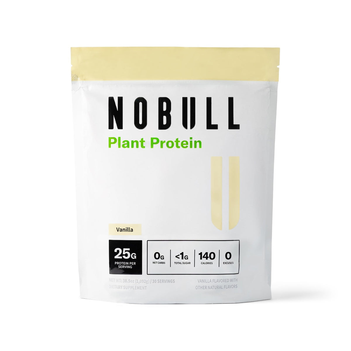 NOBULL envase frontal de proteína vegetal vainilla muestra 30 servicios y 25 g por porción