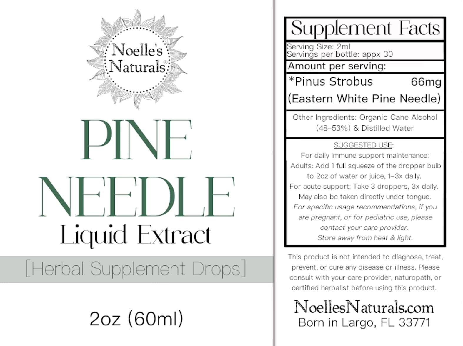 Noelle's Naturals tintura vertida en té ilustrando mezcla cómoda y sabor a pino