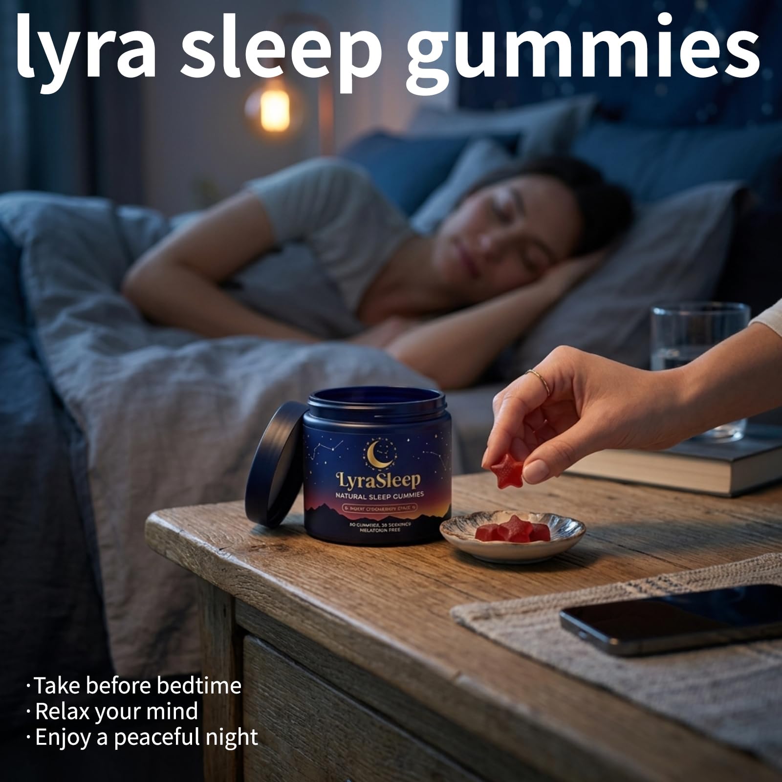 Nola sleep frasco de LyraSleep Gummies sobre mesita de noche indicando uso nocturno práctico