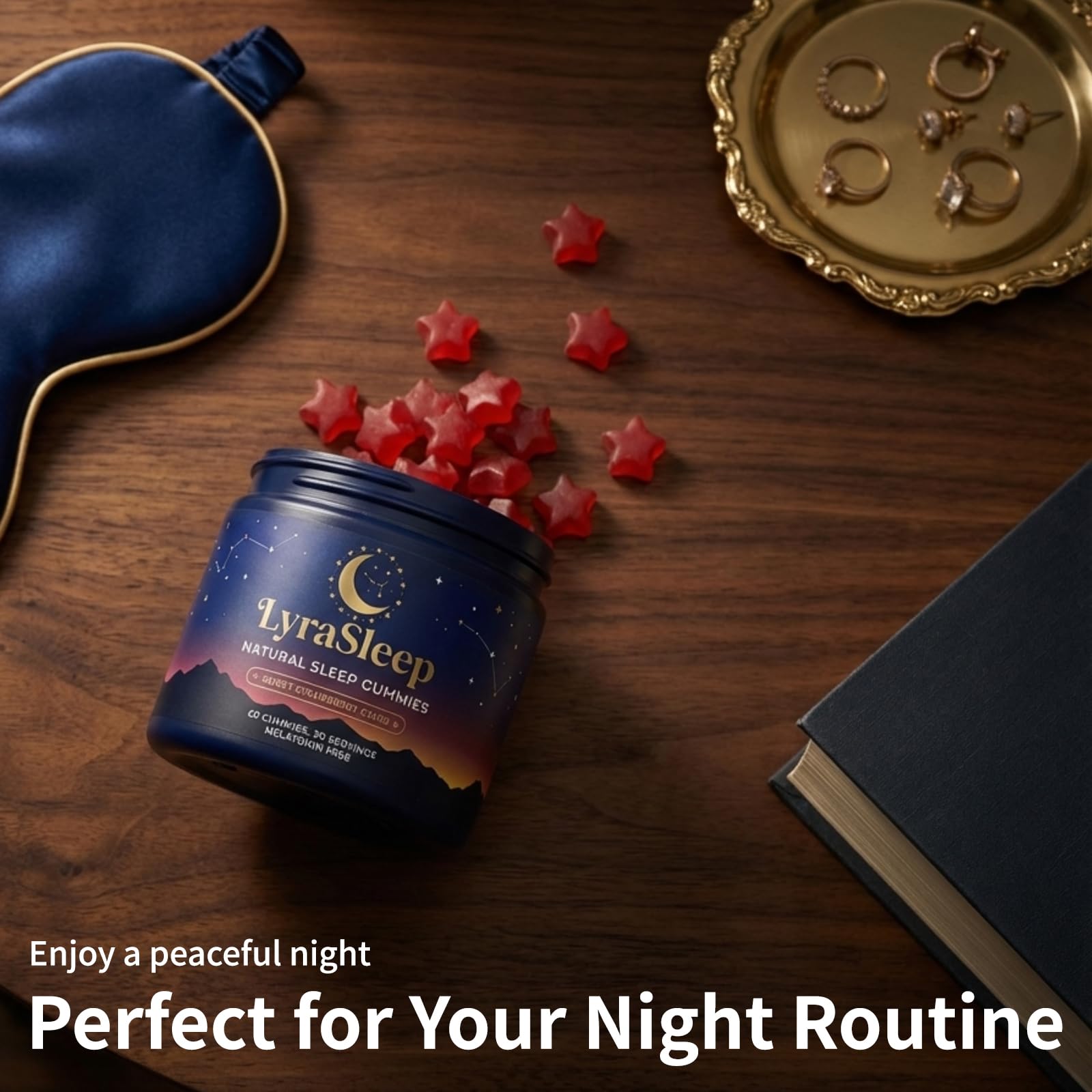Nola sleep escena de relajación con LyraSleep Gummies junto a un libro para rutina nocturna