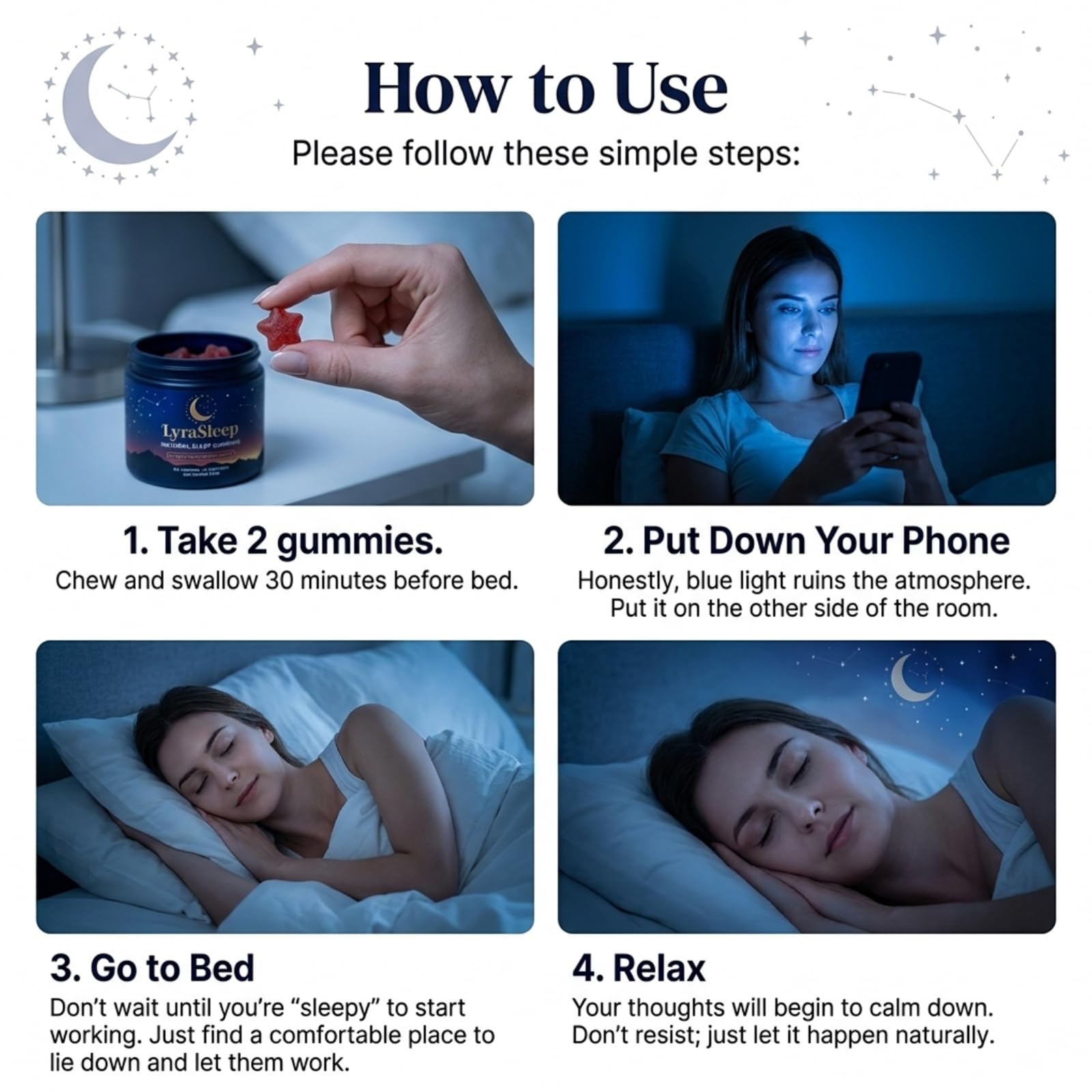 Nola sleep frasco abierto con LyraSleep Gummies visibles para dosificación fácil y almacenamiento