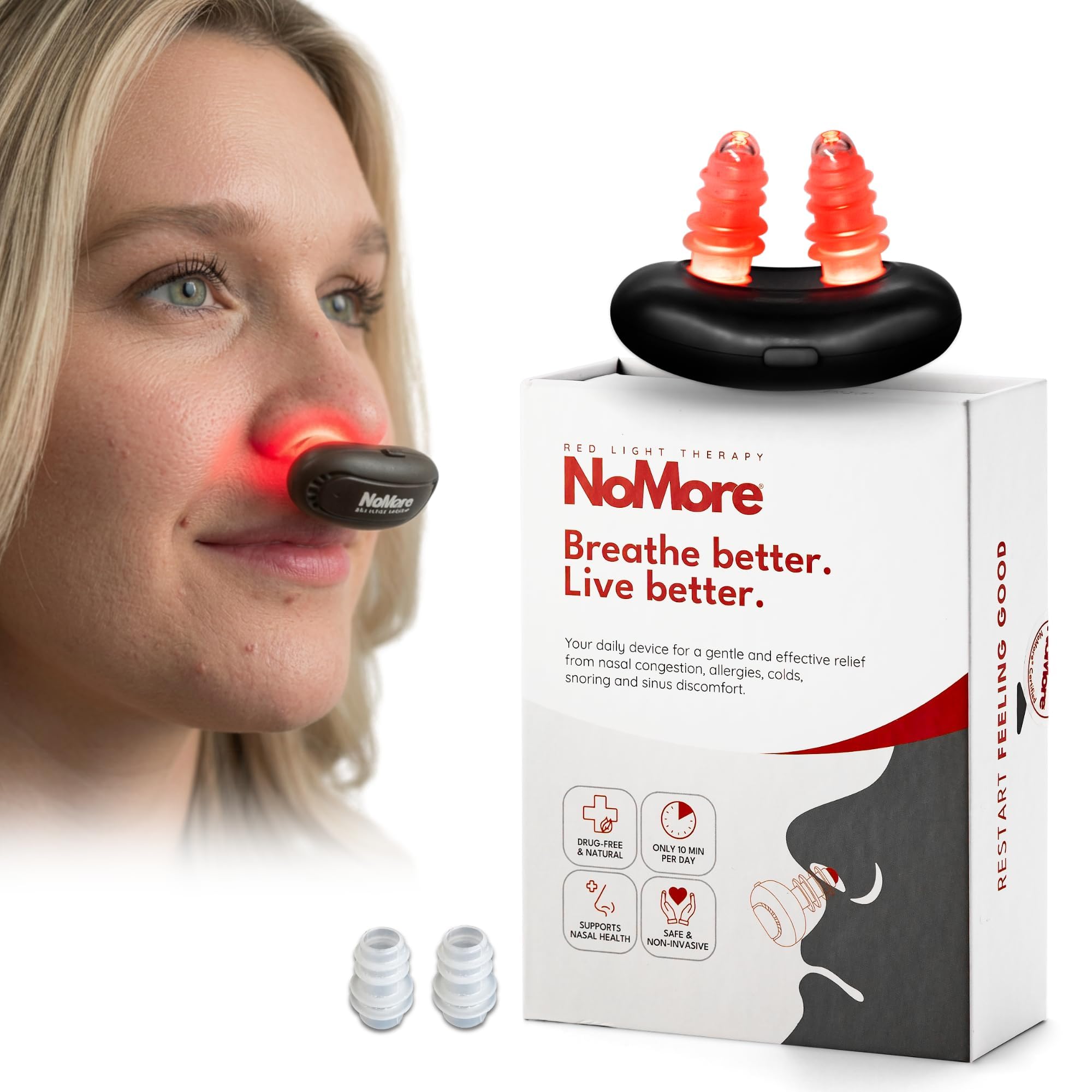 NoMore dispositivo nasal frontal mostrando diseño compacto y control sencillo