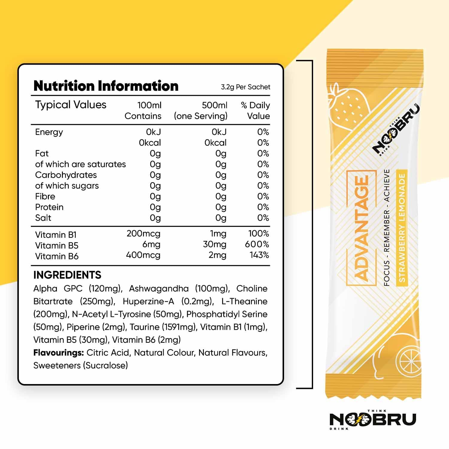 Noobru Advantage polvo del sobre en primer plano que evidencia fácil disolución