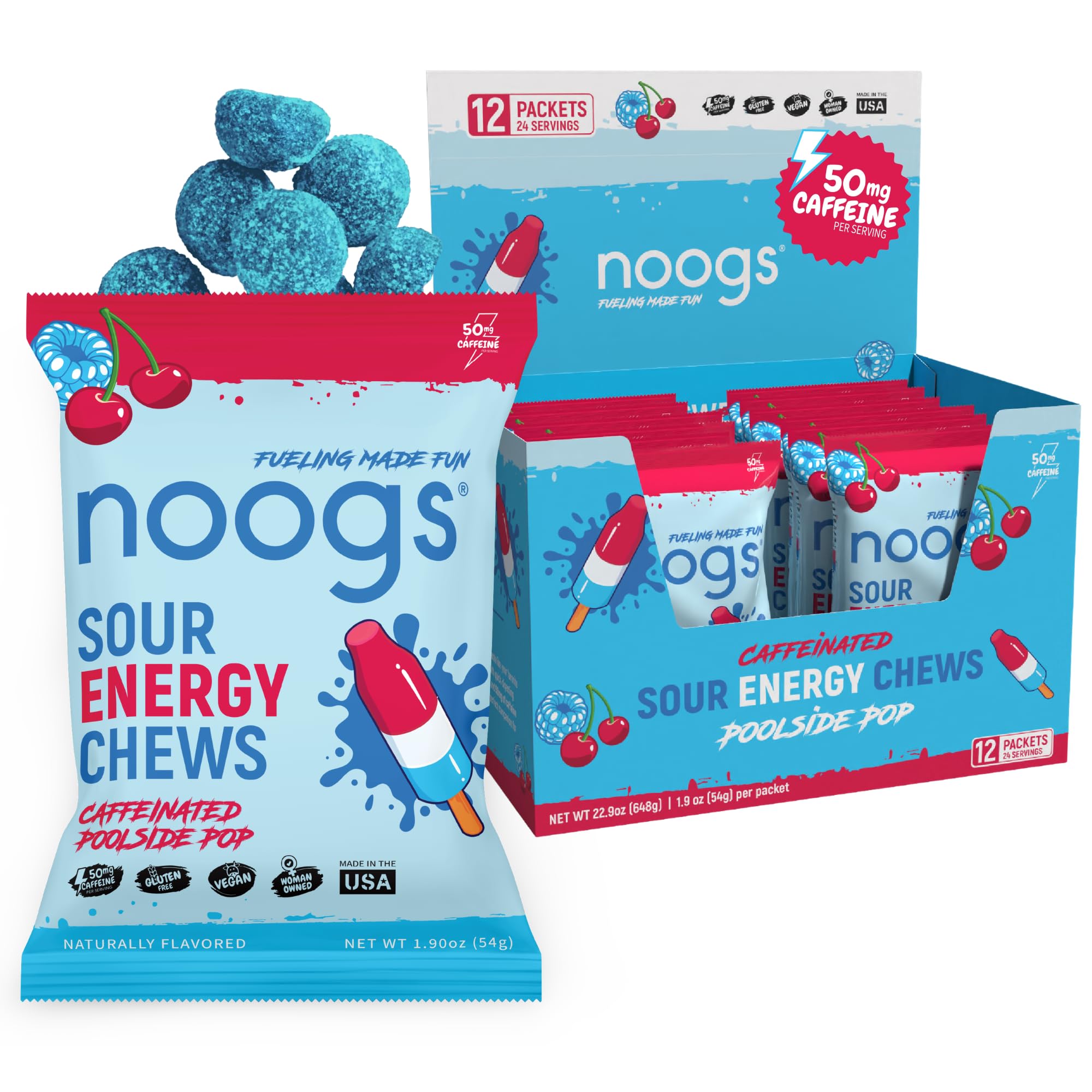 Noogs empaque frontal mostrando la marca y sabor ice pop sour, ideal para identificar producto