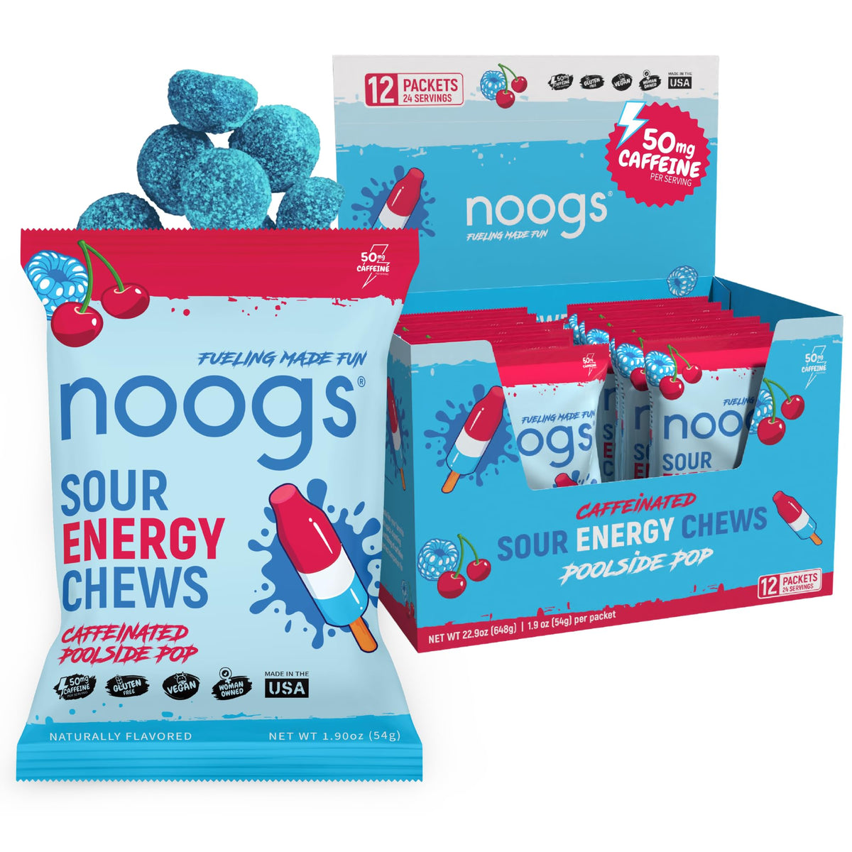 Noogs empaque frontal mostrando la marca y sabor ice pop sour, ideal para identificar producto