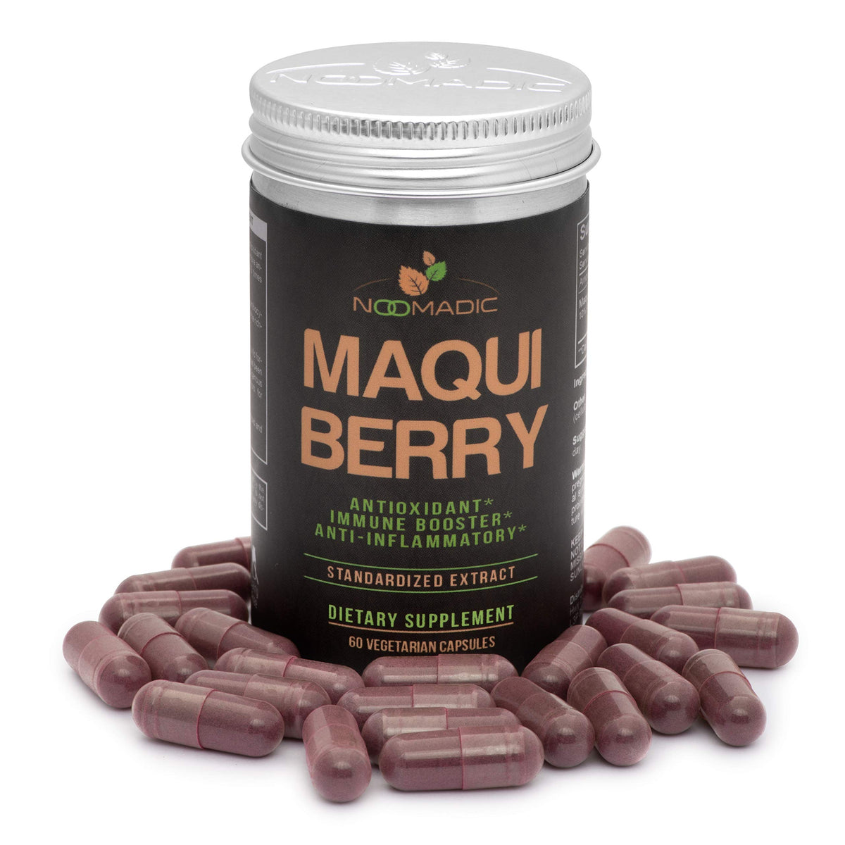 Noomadic frasco delantero de Maqui Berry mostrando etiqueta y beneficio antioxidante