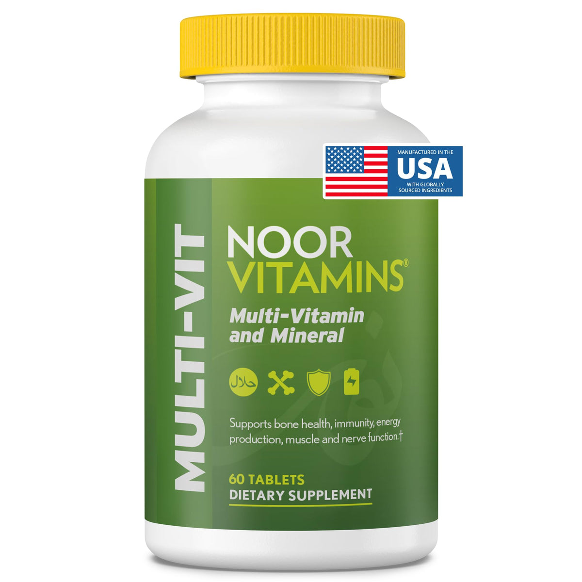 Noor Vitamins frasco delantero mostrando etiqueta halal y beneficios