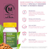 Noor Vitamins ingredientes clave organizados mostrando aporte de nutrientes