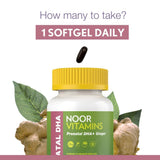Noor Vitamins producto en ambiente doméstico junto a alimentos saludables