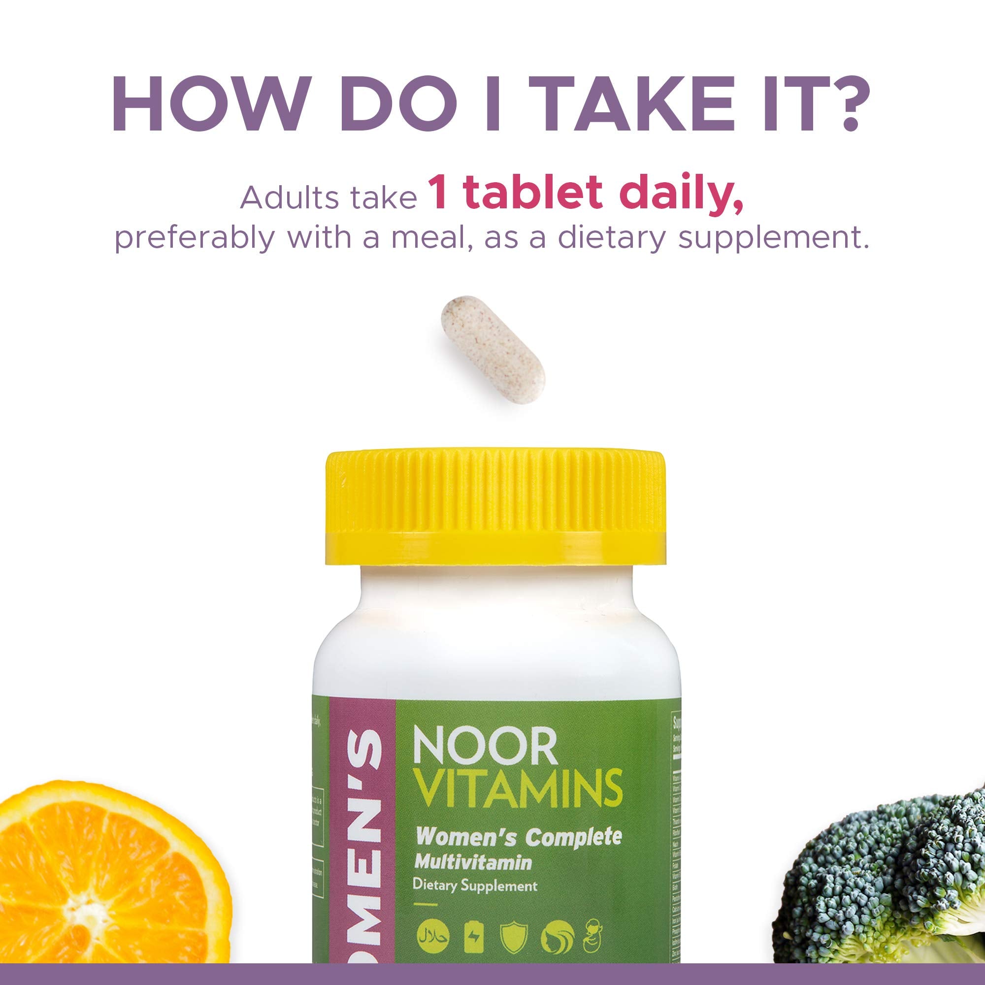 Noor Vitamins comparación de tamaño en mano para referencia de dosis