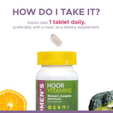 Noor Vitamins comparación de tamaño en mano para referencia de dosis