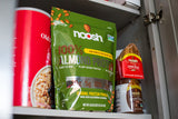 NOOSH etiqueta con sellos vegano, sin gluten y kosher visibles