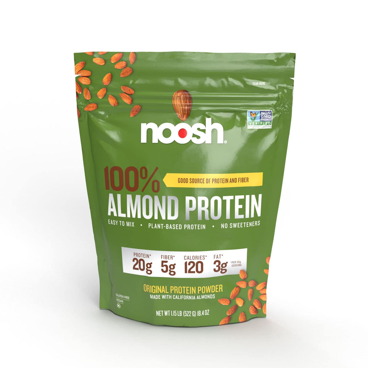 NOOSH empaque frontal mostrando proteína vegetal de almendra y claridad de uso