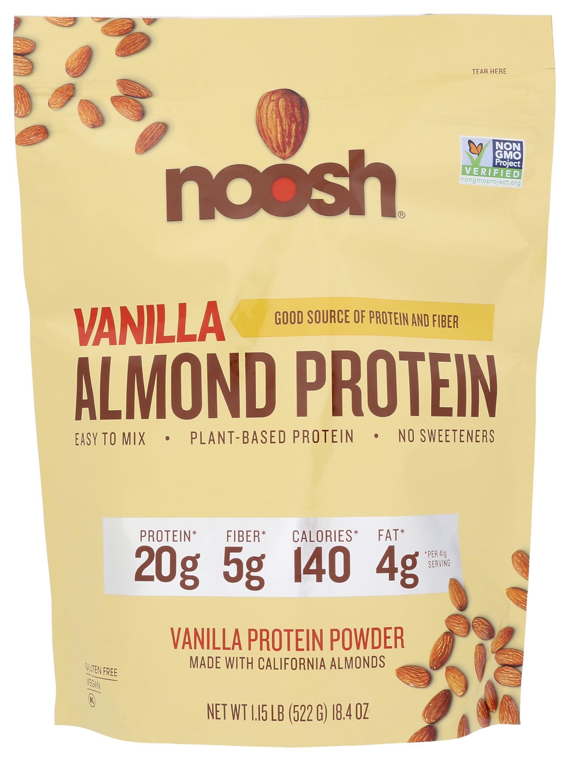 NOOSH envase frontal mostrando etiqueta vainilla y 20 g proteína por porción