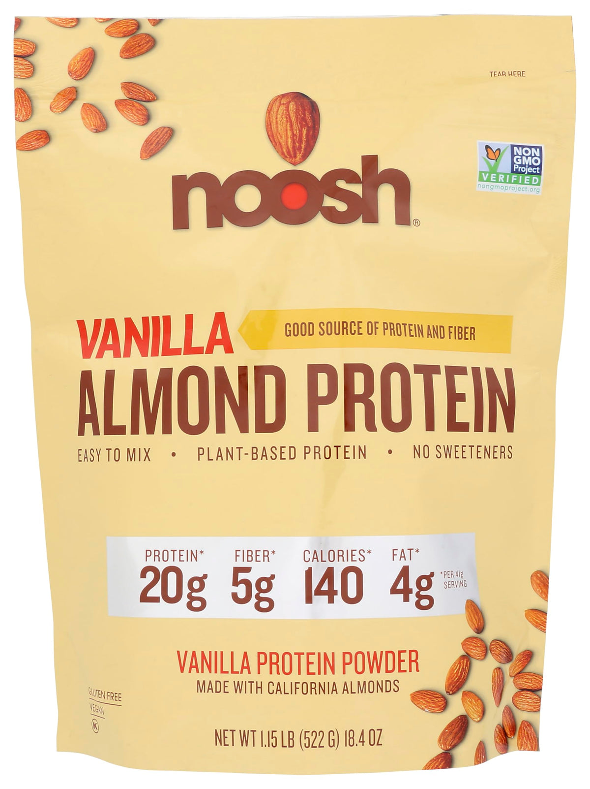 NOOSH envase frontal mostrando etiqueta vainilla y 20 g proteína por porción