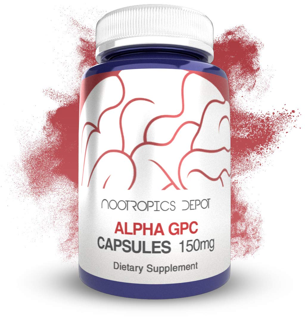 Nootropics Depot Alpha GPC frasco frontal mostrando 180 cápsulas y beneficios claros