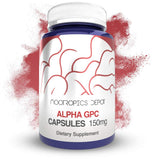 Nootropics Depot Alpha GPC frasco frontal mostrando 180 cápsulas y beneficios claros
