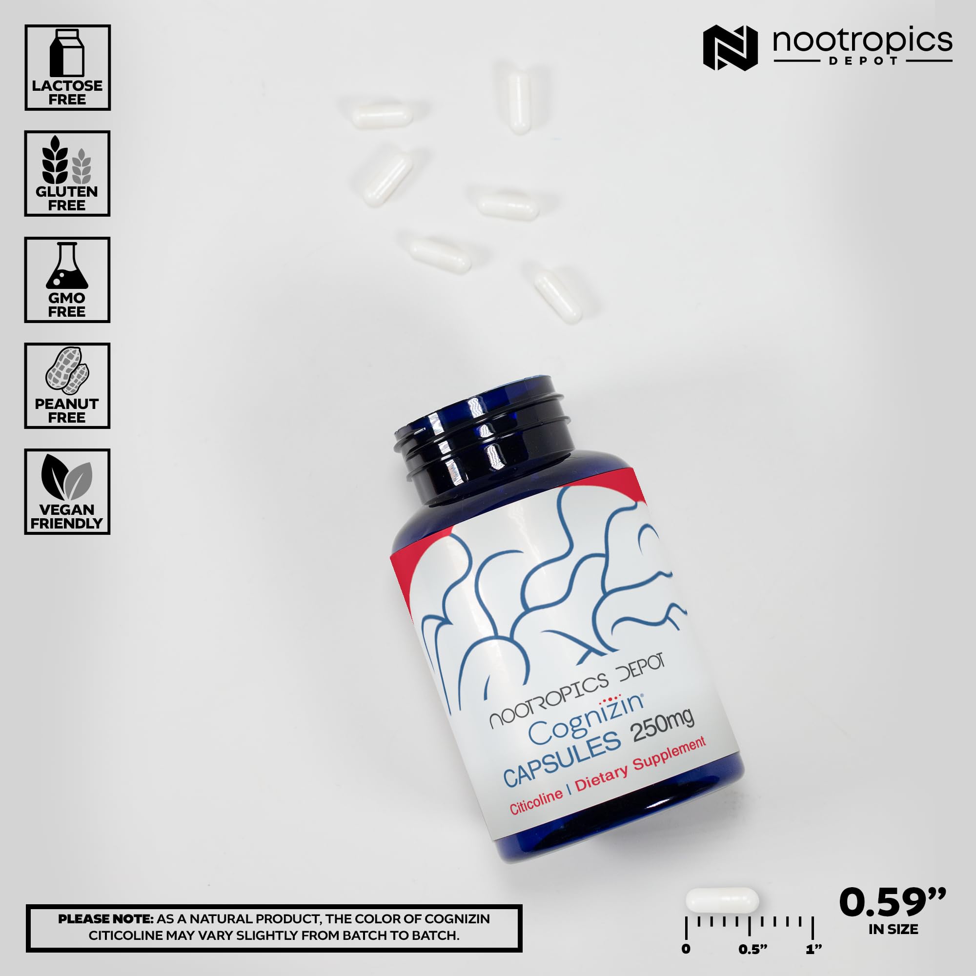 Nootropics Depot primer plano de la cápsula para apreciar textura y dosificación, beneficio confianza
