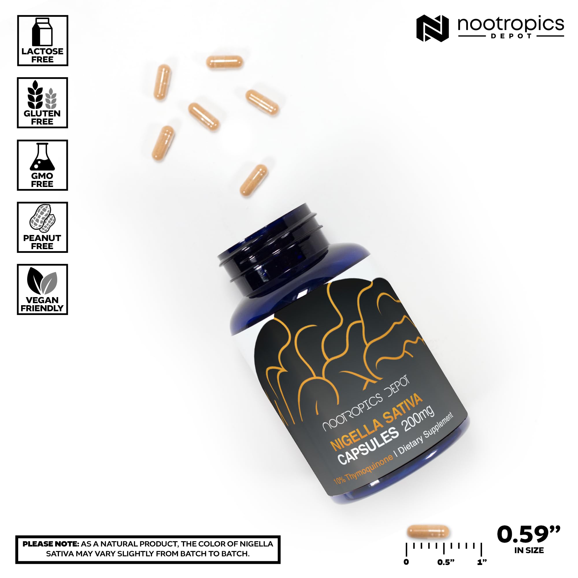 Nootropics Depot cápsulas apiladas para apreciar tamaño y dosis práctica diaria