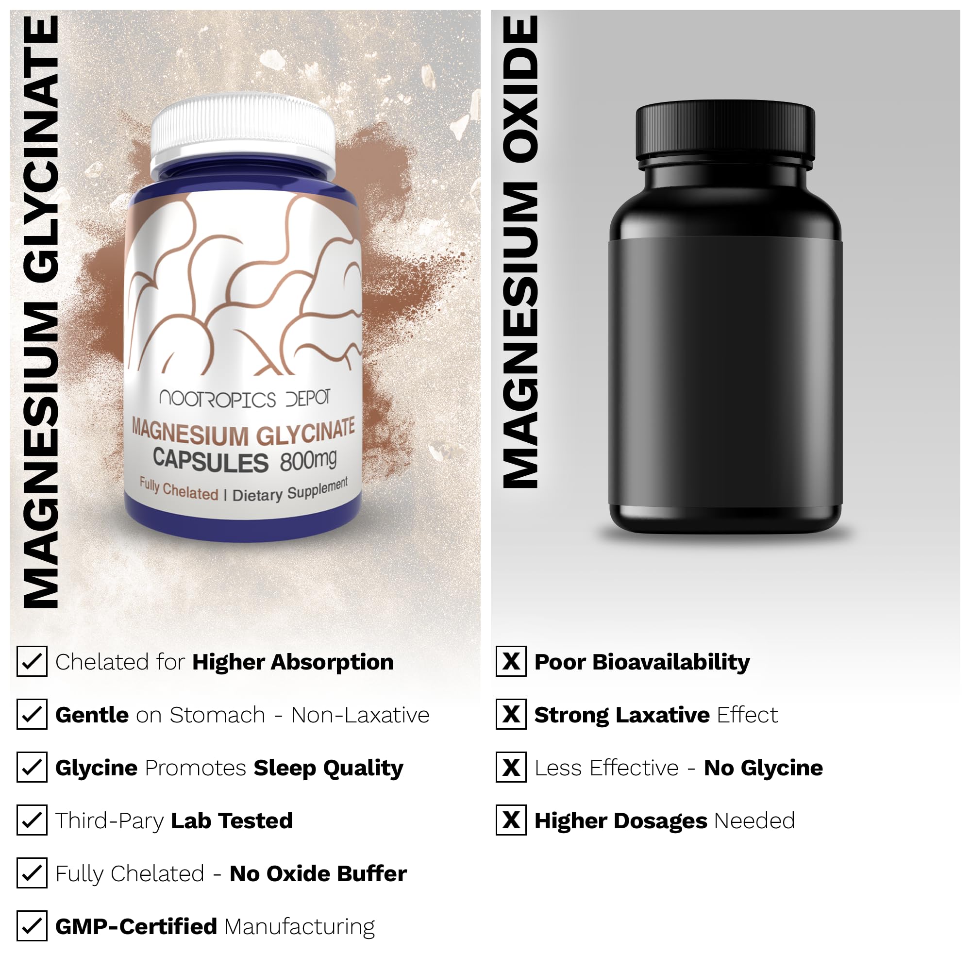 Nootropics Depot bote abierto con cápsulas dispersas que muestran cantidad y presentación práctica
