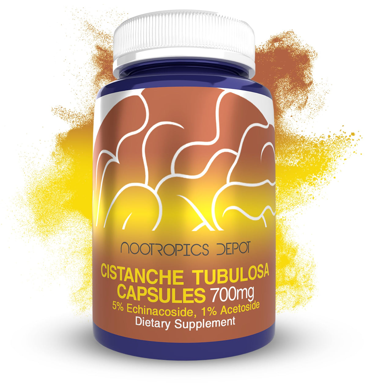 Nootropics Depot frasco frontal mostrando 60 cápsulas y etiqueta legible, confianza en calidad