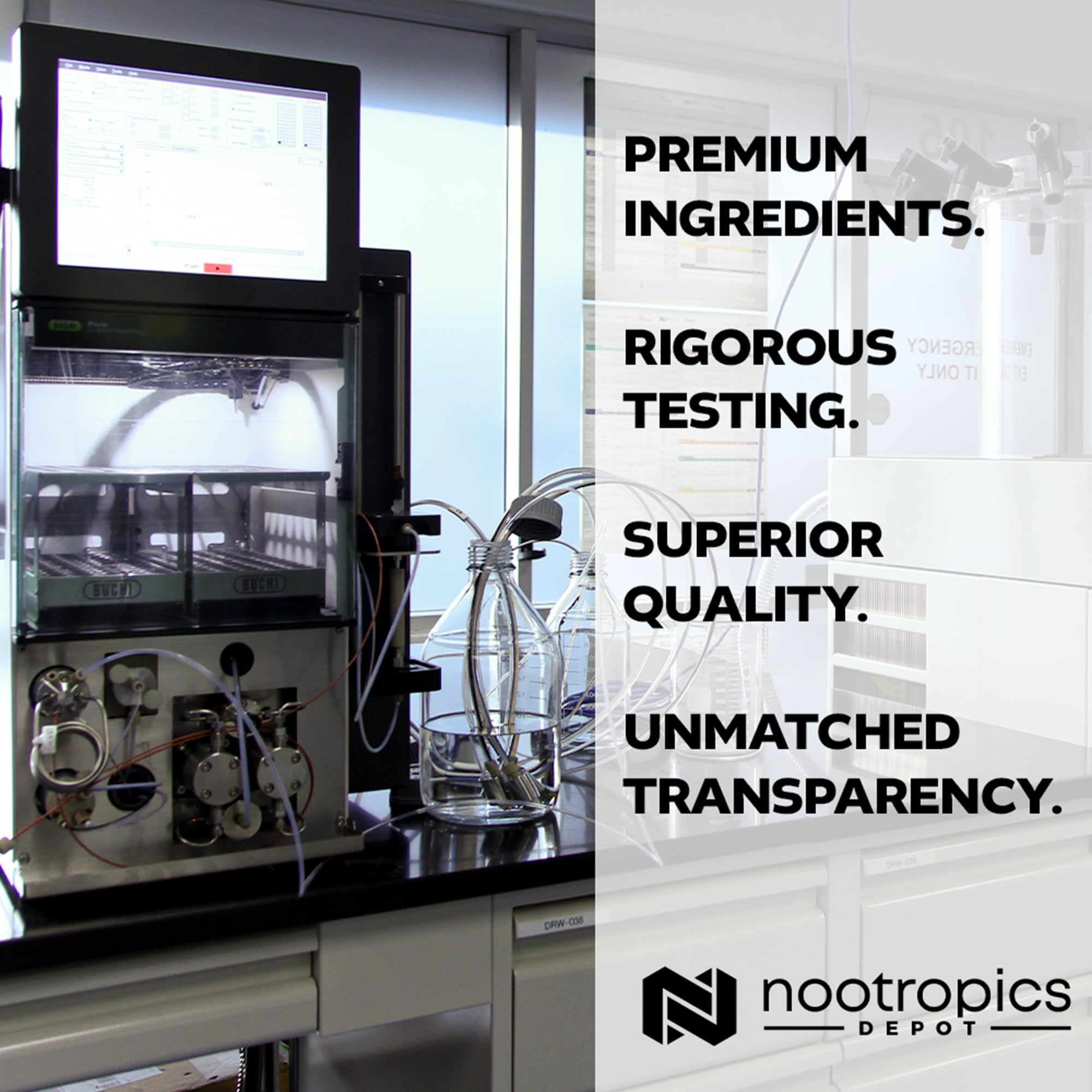 Nootropics Depot polvo de extracto en close-up mostrando textura concentrada, pureza