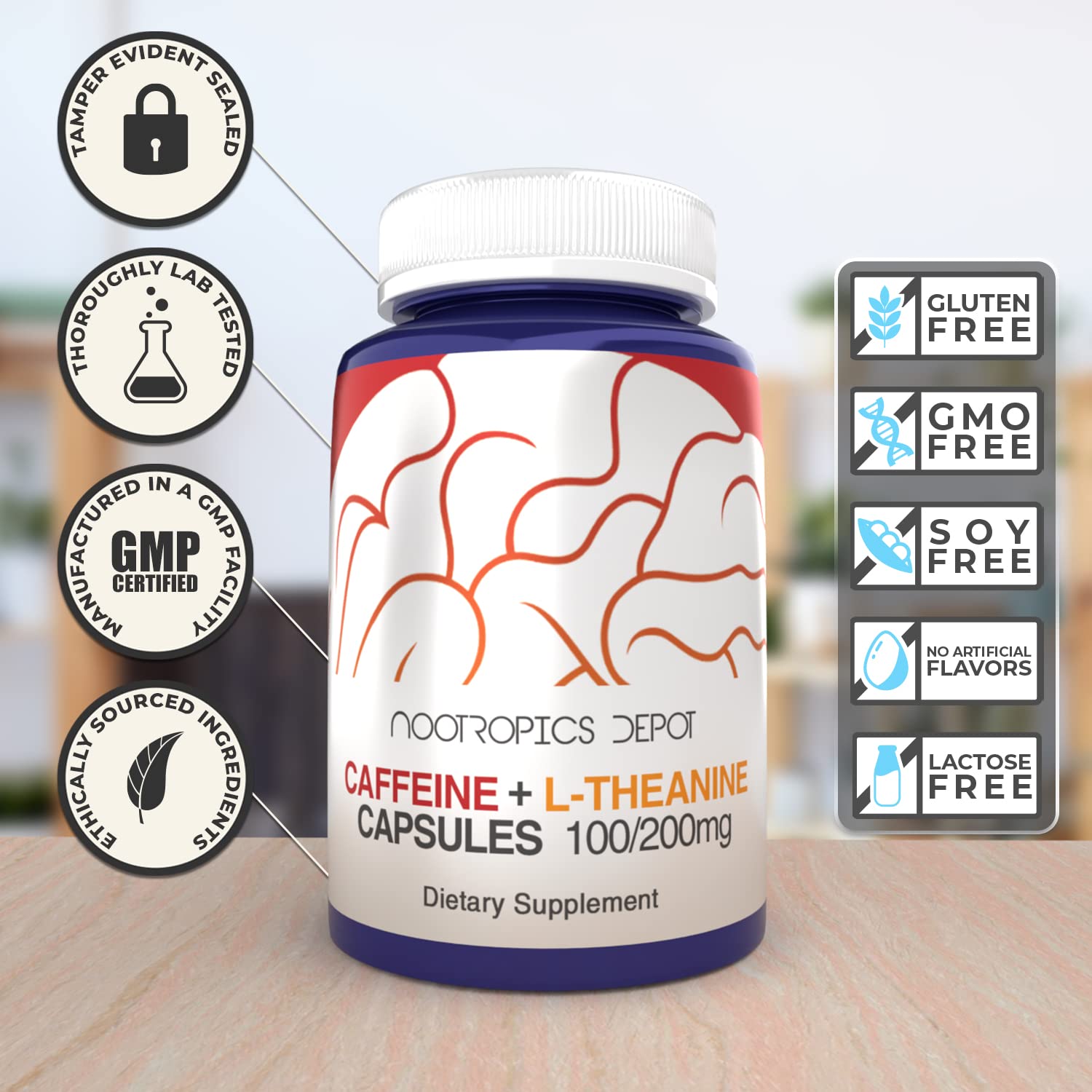 Nootropics Depot junto a taza de café comparando alternativa sin azúcar