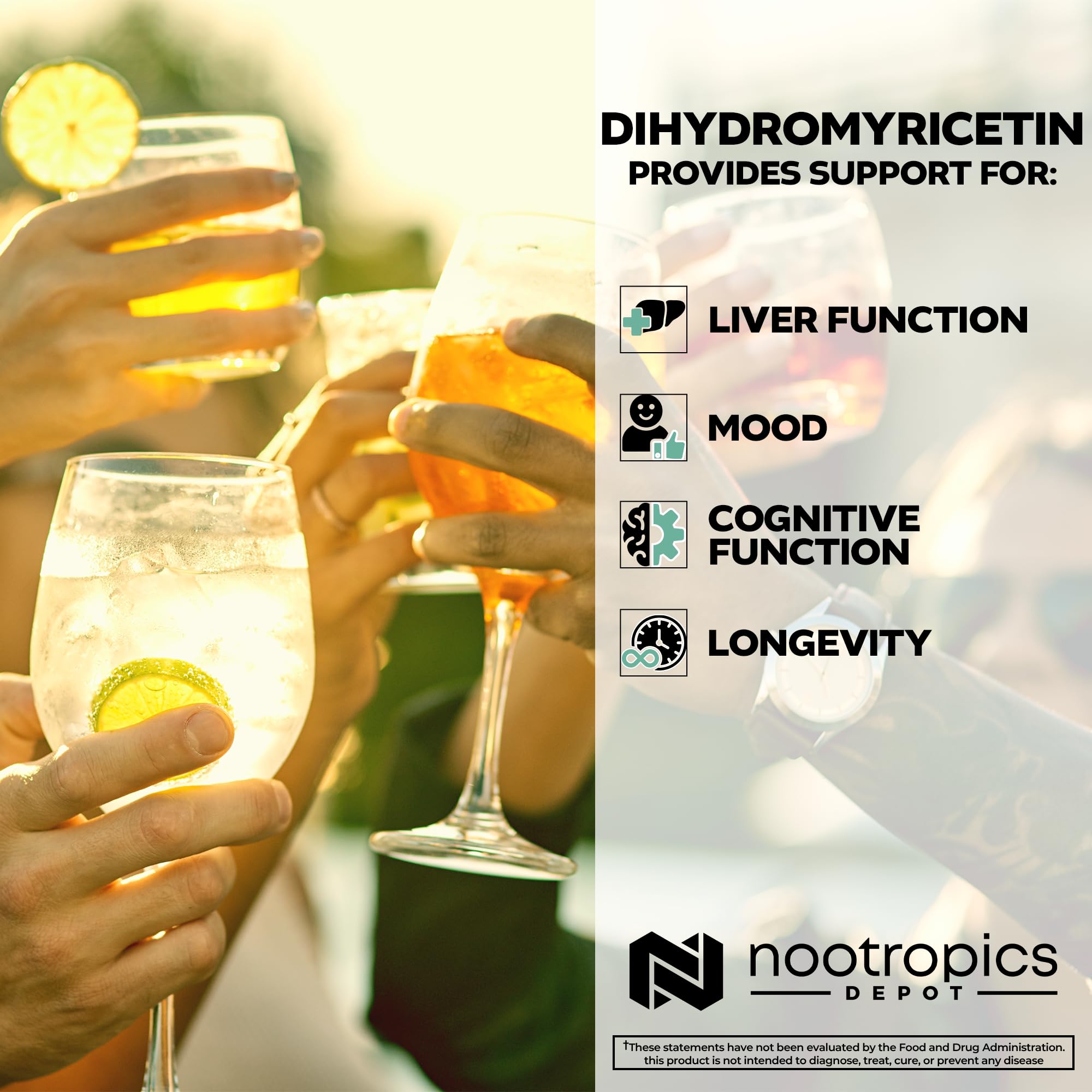Nootropics Depot persona en evento social tomando cápsula para recuperación