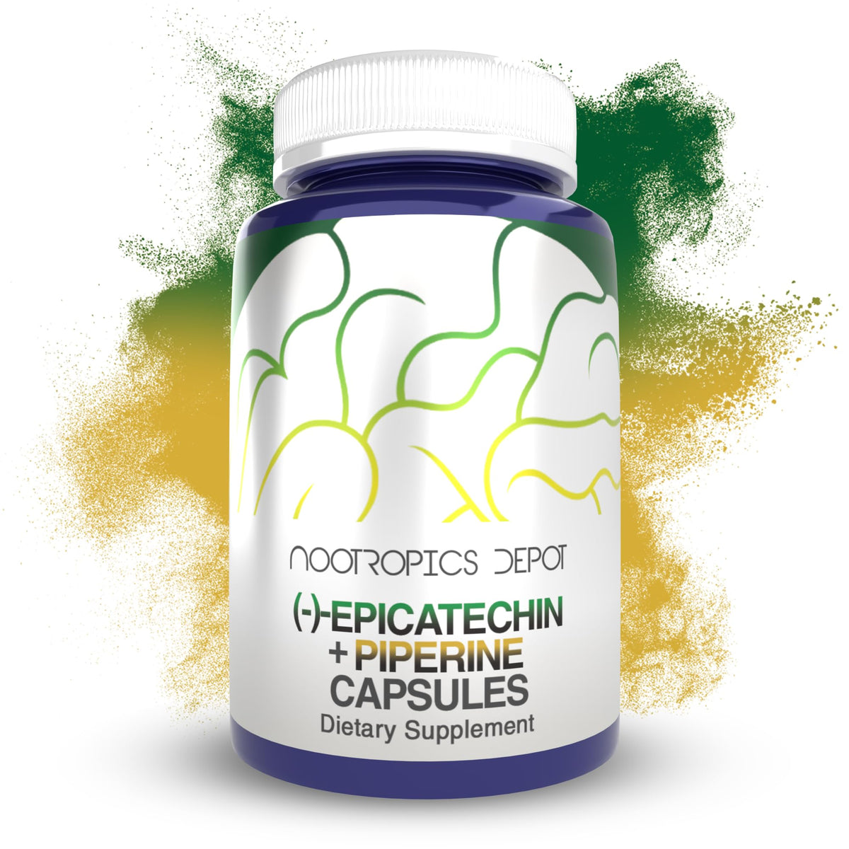 Nootropics Depot botella frontal mostrando cápsulas y beneficio de dosificación precisa
