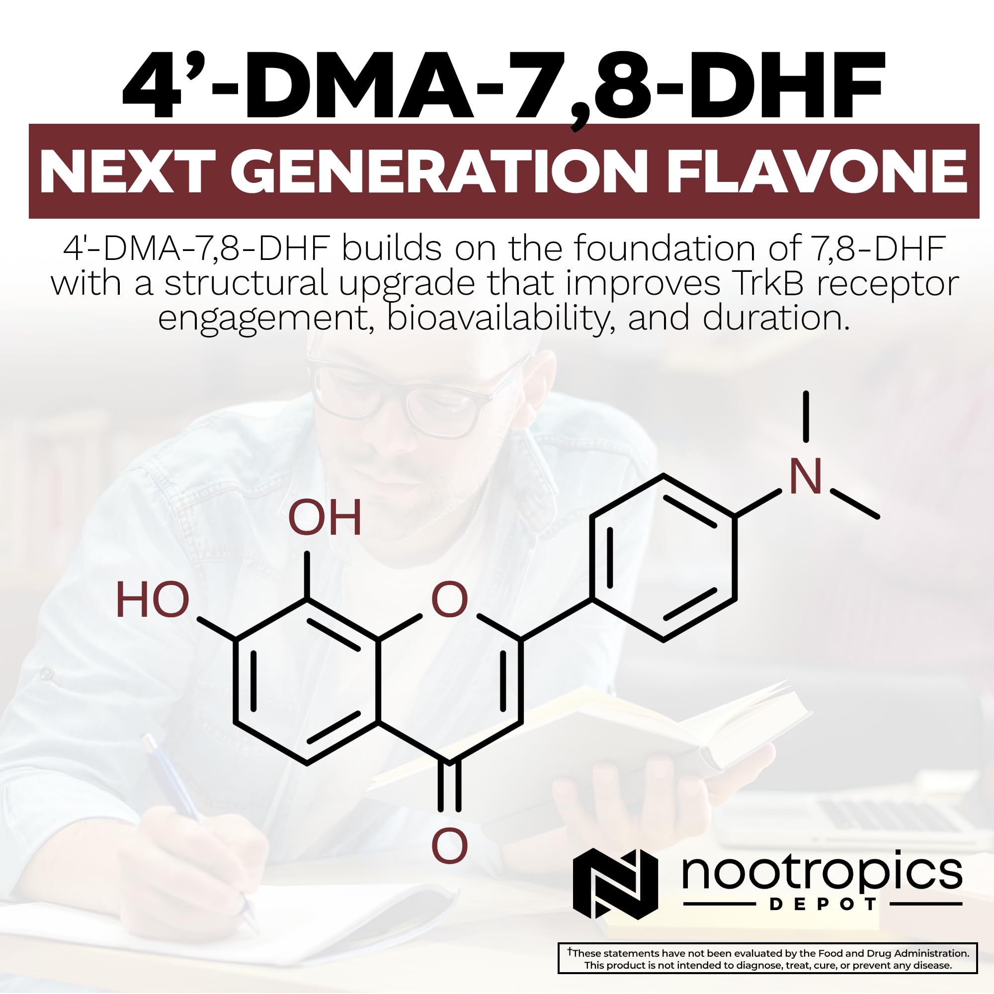 Nootropics Depot detalle de etiqueta con 10 mg y 30 recuentos, información visible