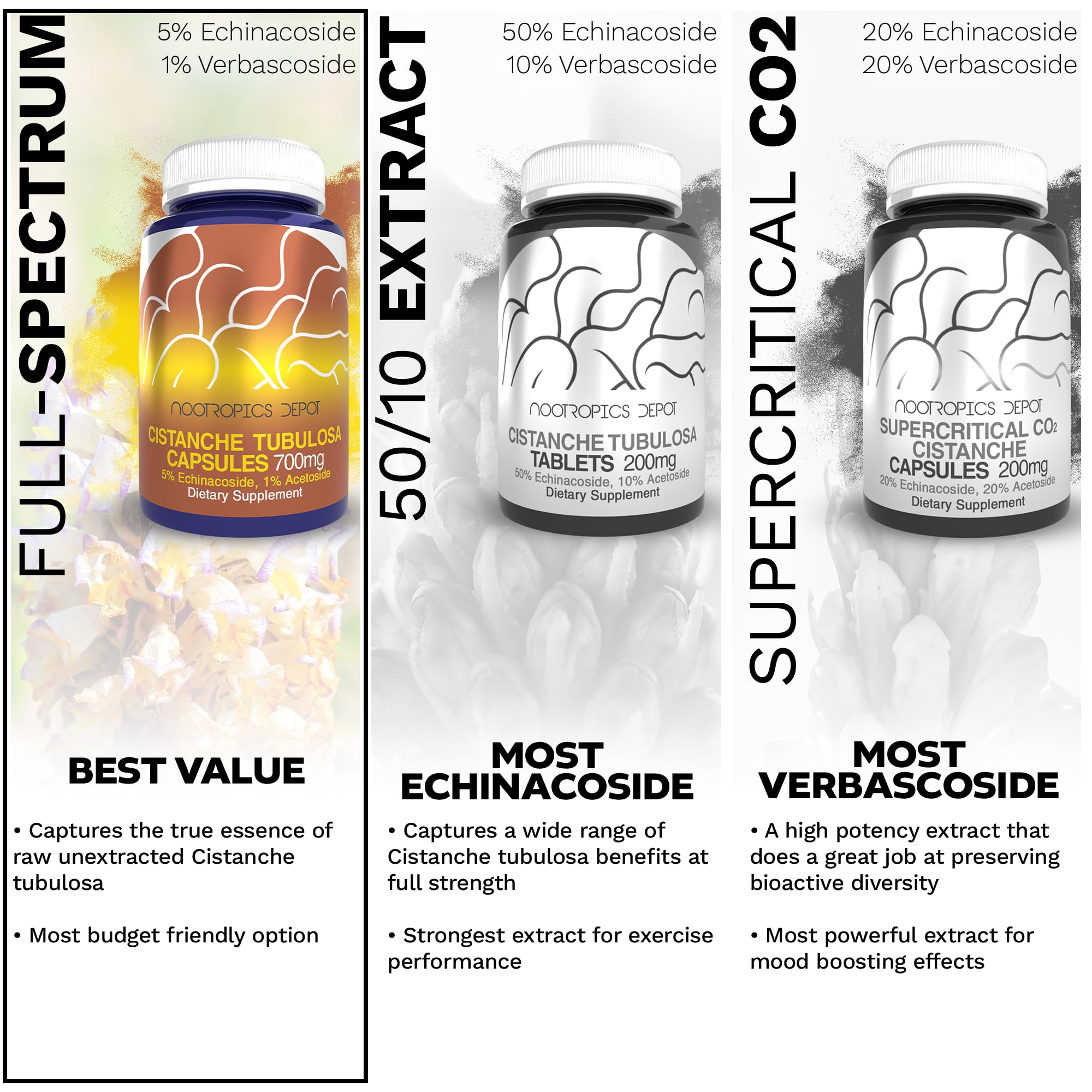 Nootropics Depot etiqueta con porcentajes 5% echinacoside y 1% verbascósido, transparencia