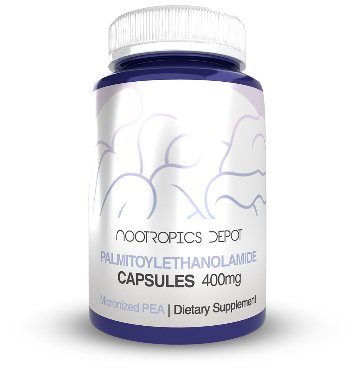 Nootropics Depot frasco delantero mostrando etiqueta y beneficios visibles