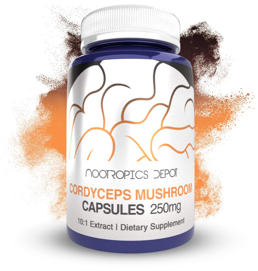 Nootropics Depot frasco frontal de cápsulas Cordyceps muestra dosificación clara