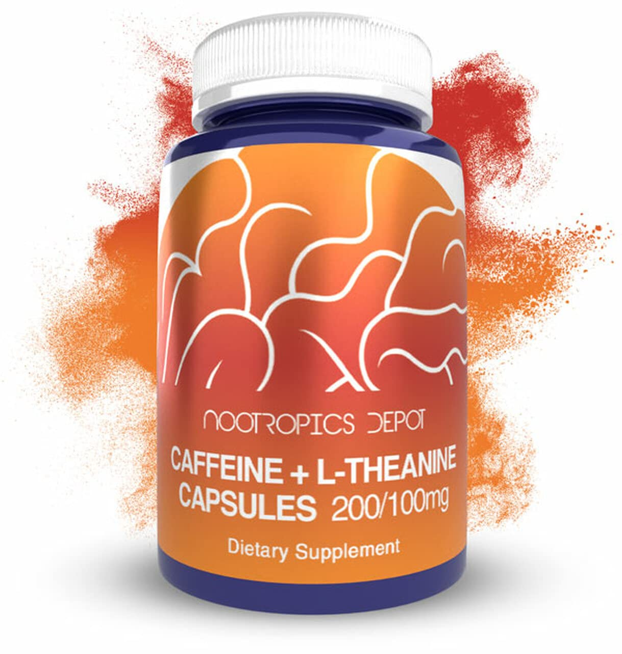 Nootropics Depot frasco frontal mostrando 60 cápsulas y beneficio de energía controlada