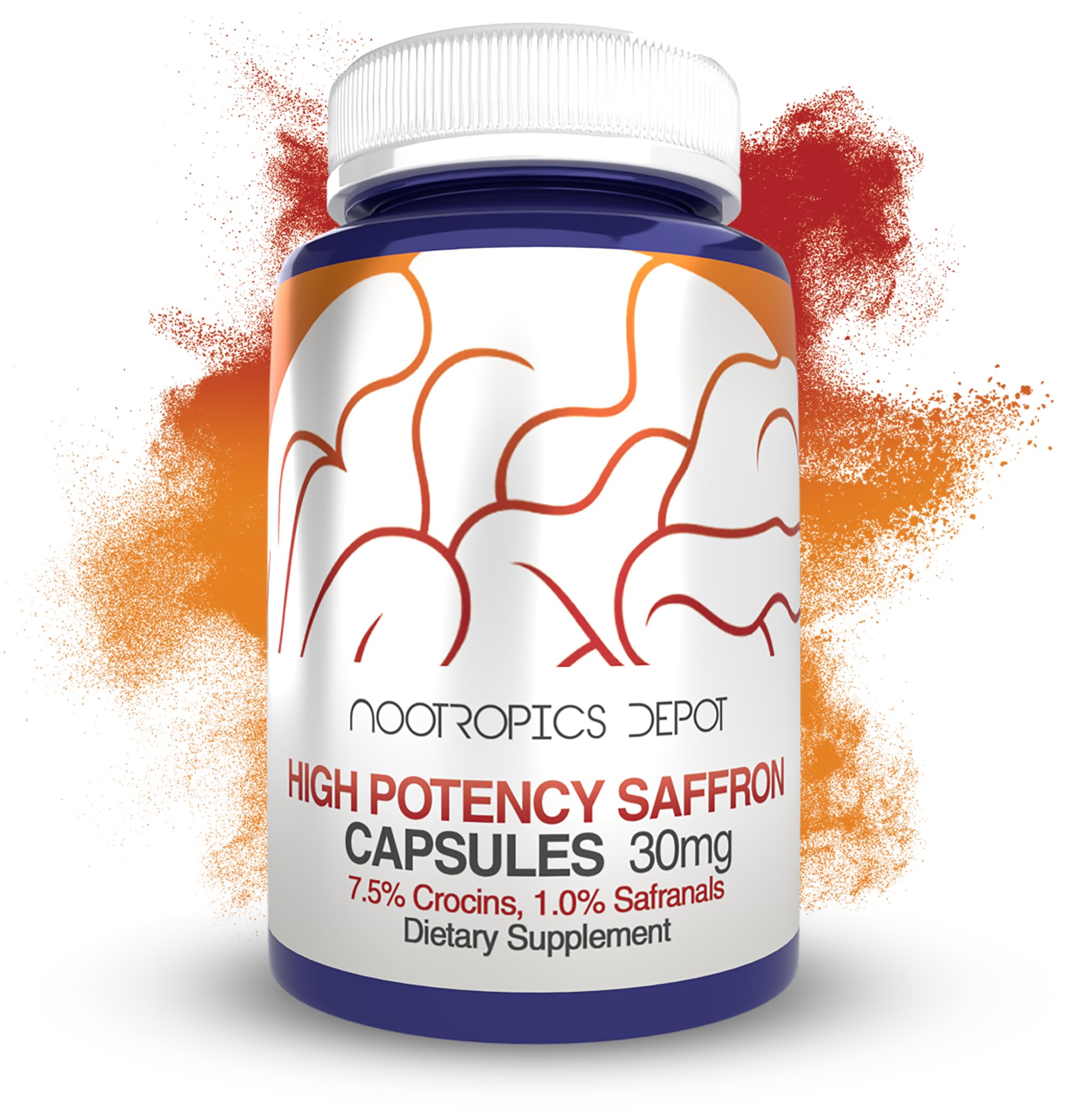 Nootropics Depot frente del envase mostrando 60 cápsulas y beneficio de dosificación consistente