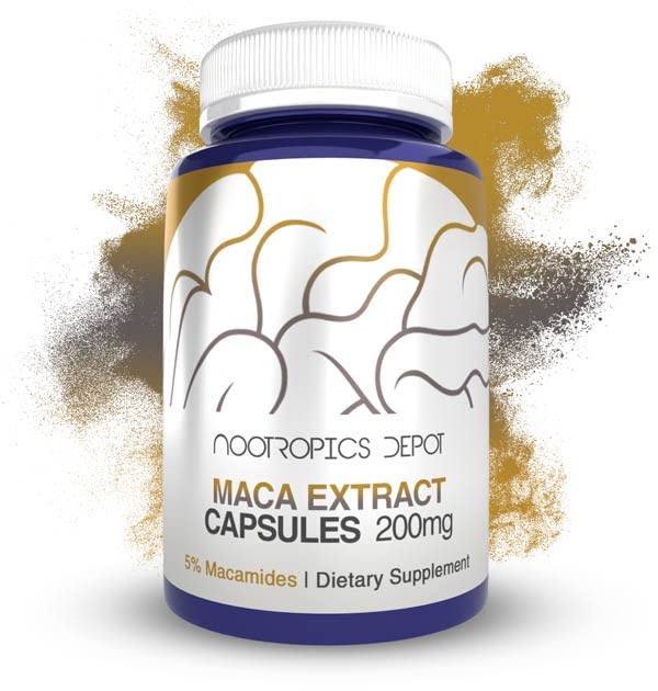 Nootropics Depot envase frontal de Maca Root Extract muestra etiqueta y beneficios