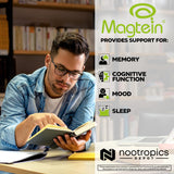 Nootropics Depot Magtein junto a café y libreta ilustrando uso en rutina diaria