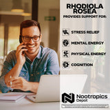 Nootropics Depot cápsulas junto a libreta y taza, sugiere enfoque diario