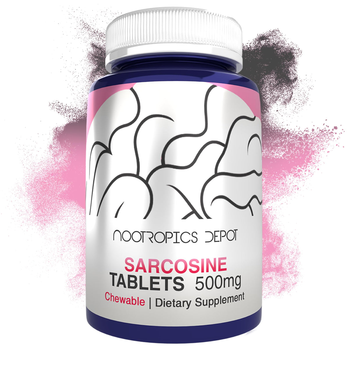 Nootropics Depot frasco frontal de Sarcosine masticable 500 mg mostrando etiqueta clara y conteo