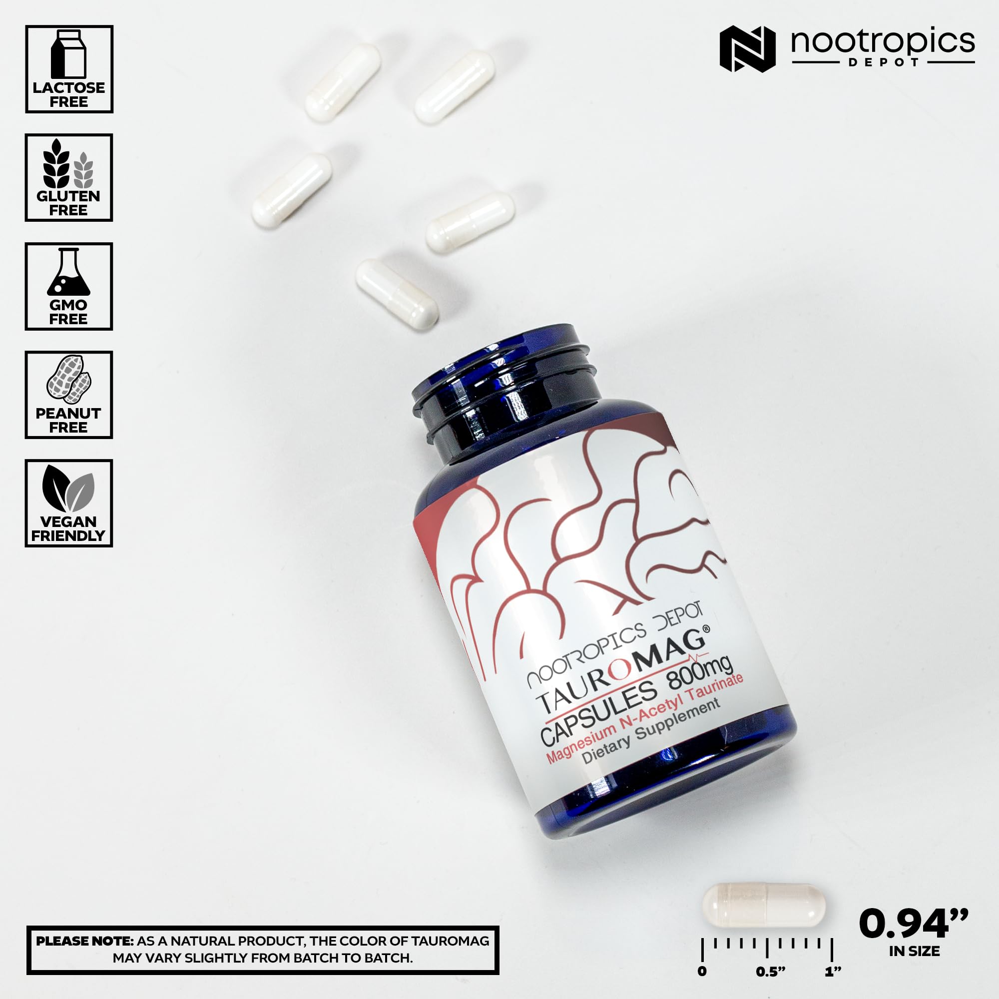 Nootropics Depot Tauromag cápsulas en mano para comparar tamaño y dosificación