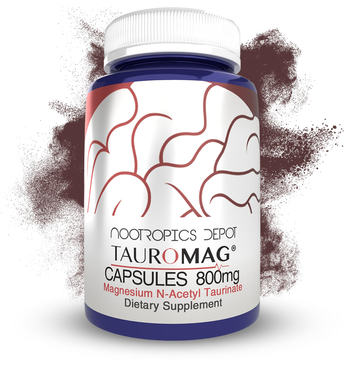 Nootropics Depot Tauromag frasco en primer plano mostrando diseño y tamaño