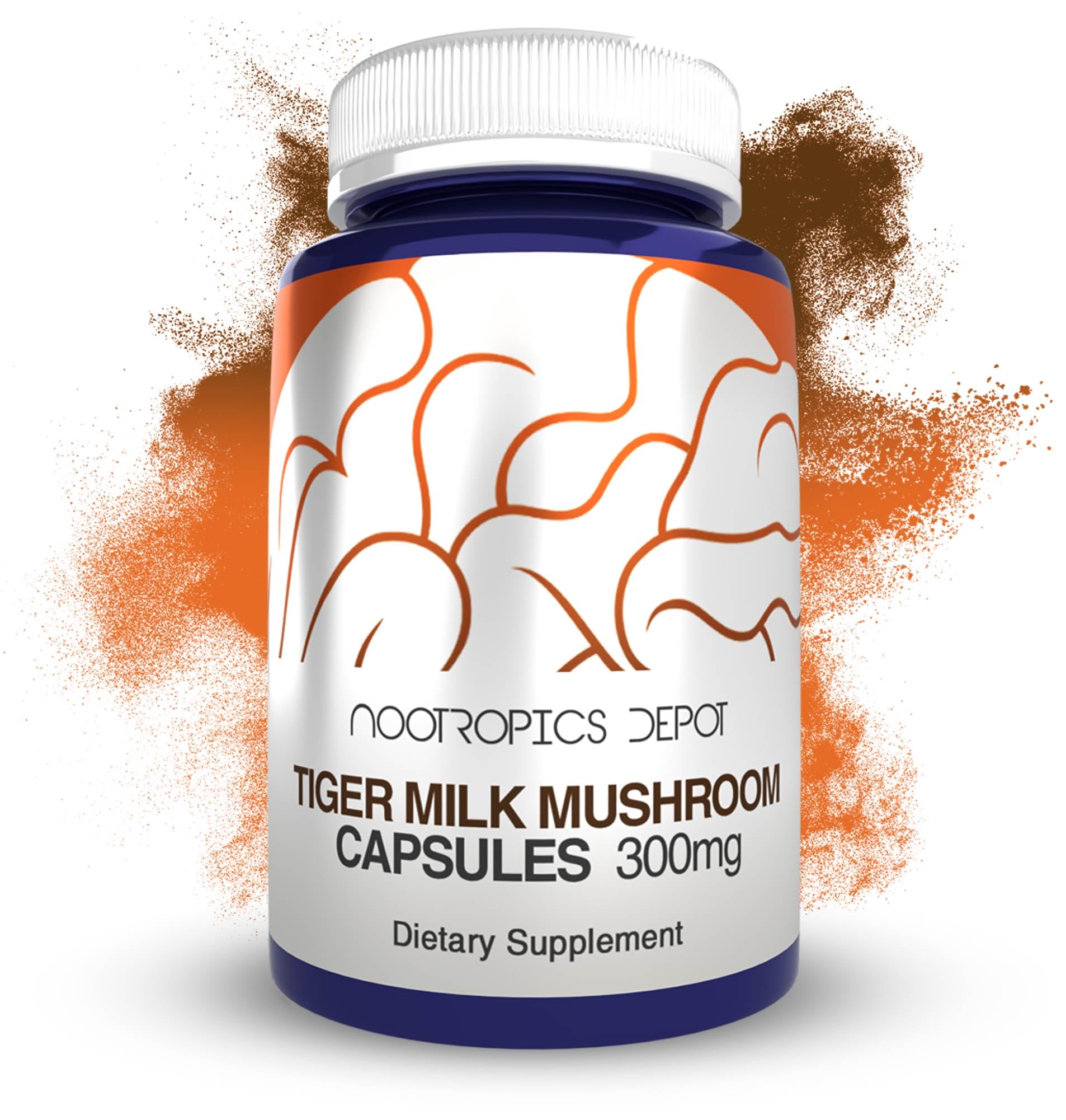 Nootropics Depot frasco Tiger Milk Mushroom frente y etiqueta clara, confianza en calidad