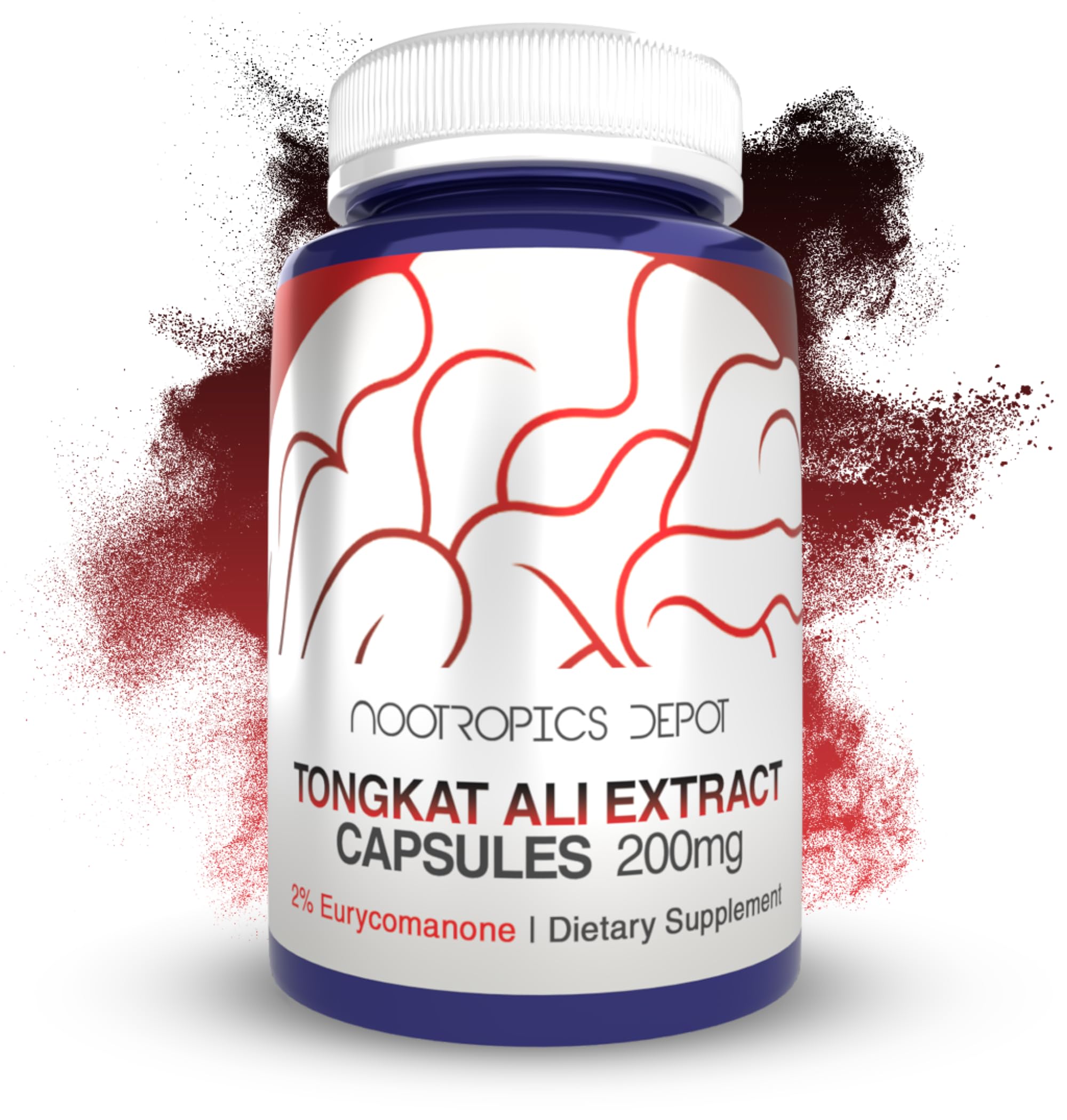Nootropics Depot frasco frontal del Tongkat Ali, claridad en la dosificación