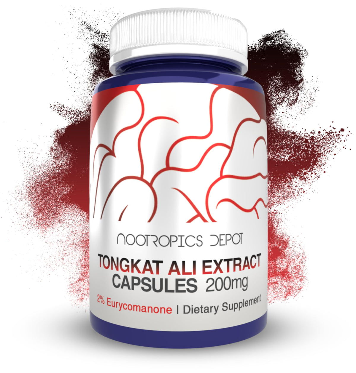 Nootropics Depot frasco frontal del Tongkat Ali, claridad en la dosificación