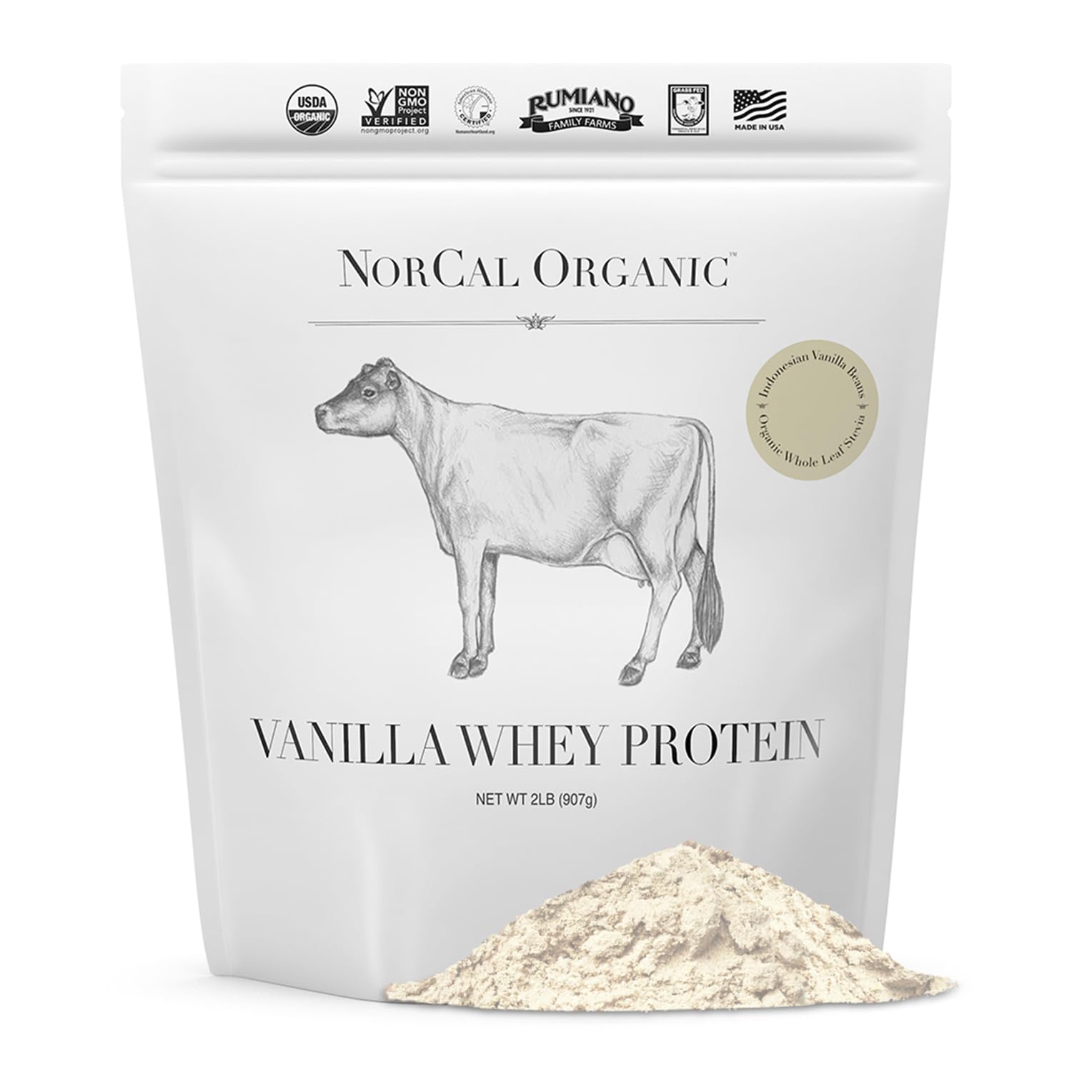 NorCal Organic envase frontal mostrando diseño y peso 2 lb, beneficio claridad informativa