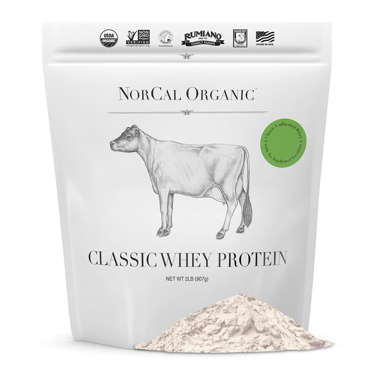 NorCal Organic frasco frontal mostrando etiqueta y beneficios orgánicos