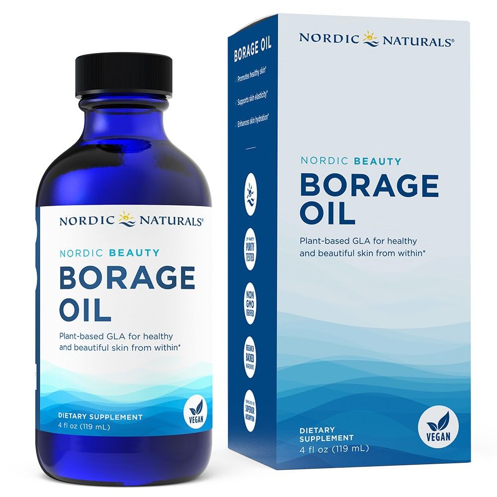 Nordic Naturals frasco frontal del aceite de borraja, presentación limpia y vegana