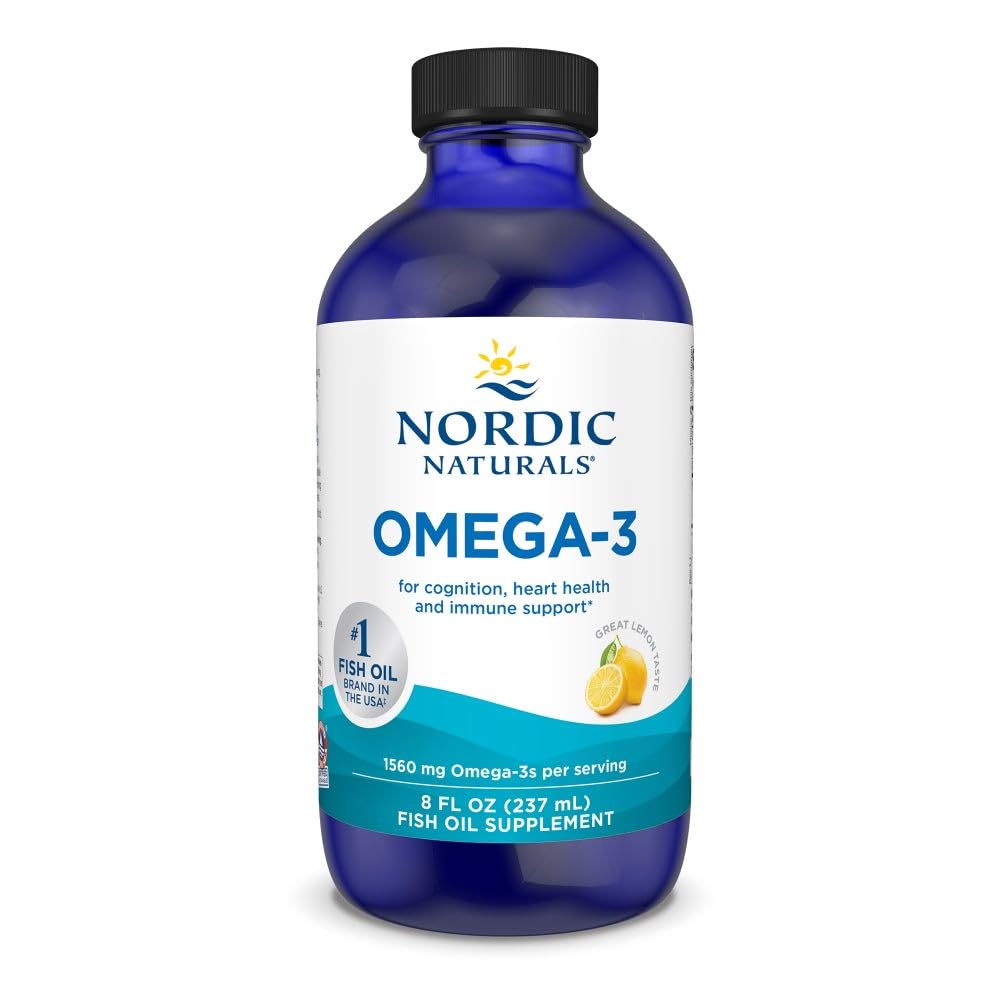 Nordic Naturals botella frontal del aceite de pescado con sabor limón, fácil dosificación