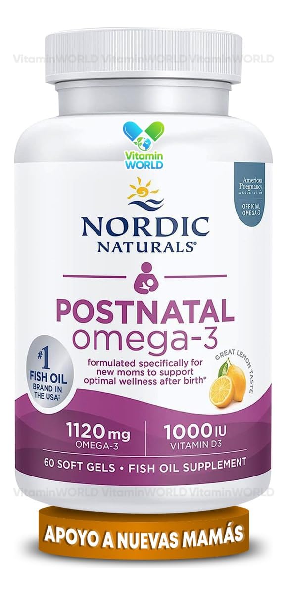 Nordic Naturals botella abierta con cápsulas exhibiendo presentación de 60 unidades