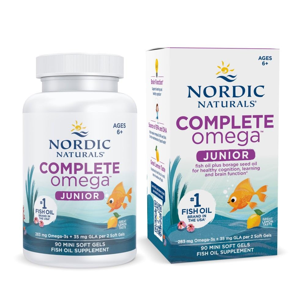 Nordic Naturals envase Complete Omega Jr. vista frontal que muestra aspecto y beneficio de aceptación